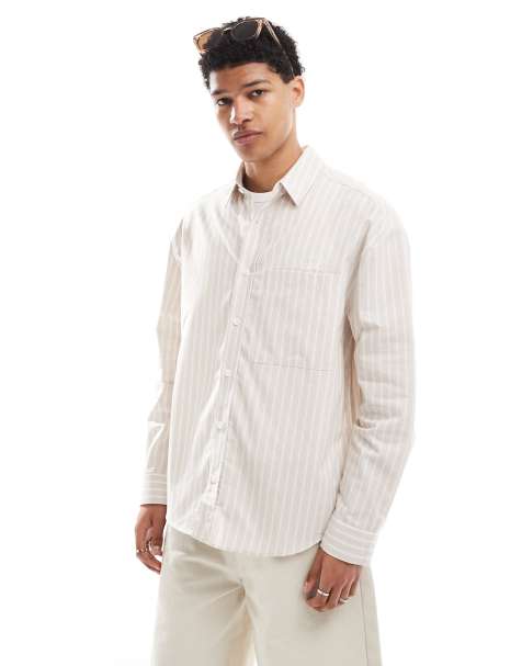 River Island relaxed fit shirt in beige stripe - view 1