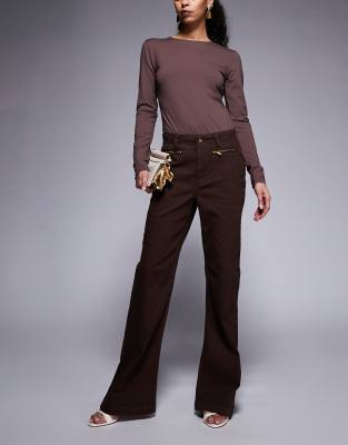 River Island relaxed flare zip detail jeans in dark brown