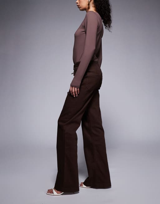 River Island relaxed flare zip detail jeans in dark brown, 2 of 5