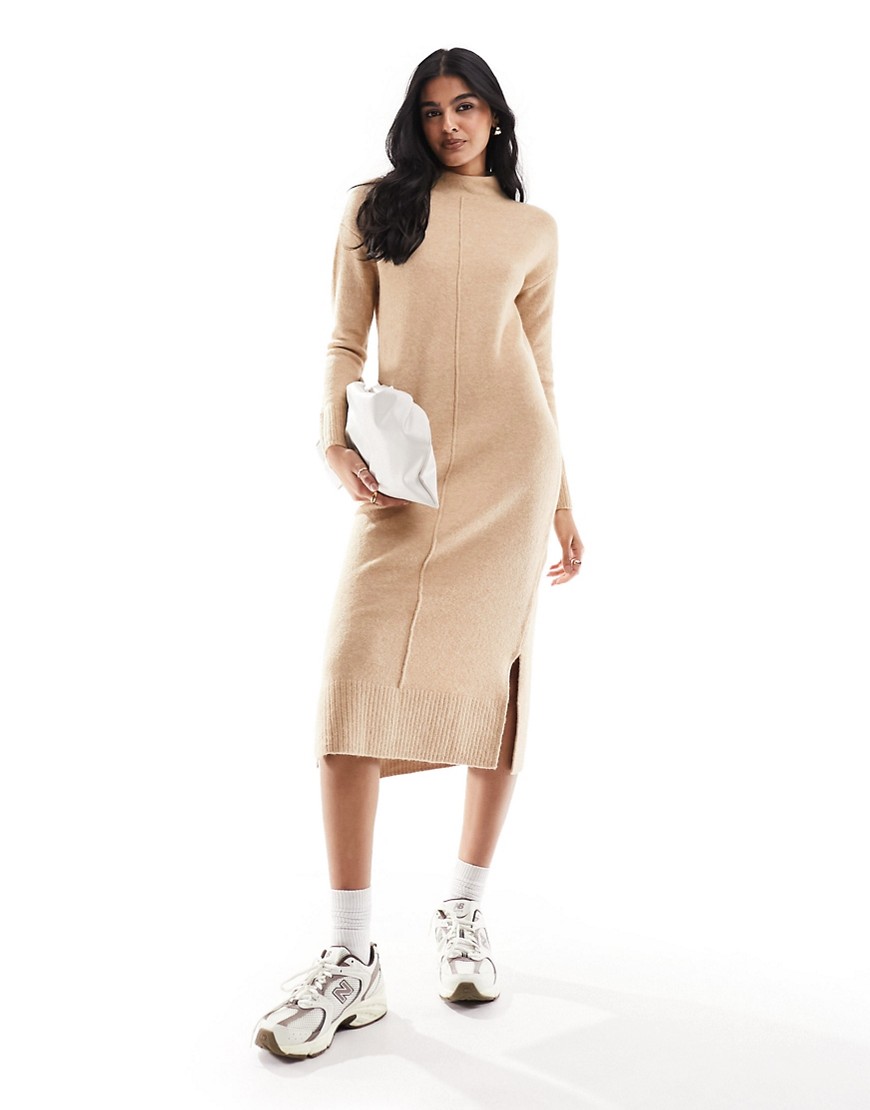 River Island relaxed midi jumper dress in beige-Brown