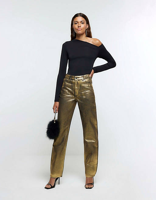 River Island Relaxed straight coated jeans in gold | ASOS
