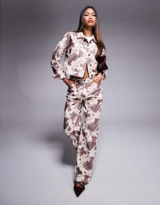 River Island relaxed straight jeans in cow print (part of a set)