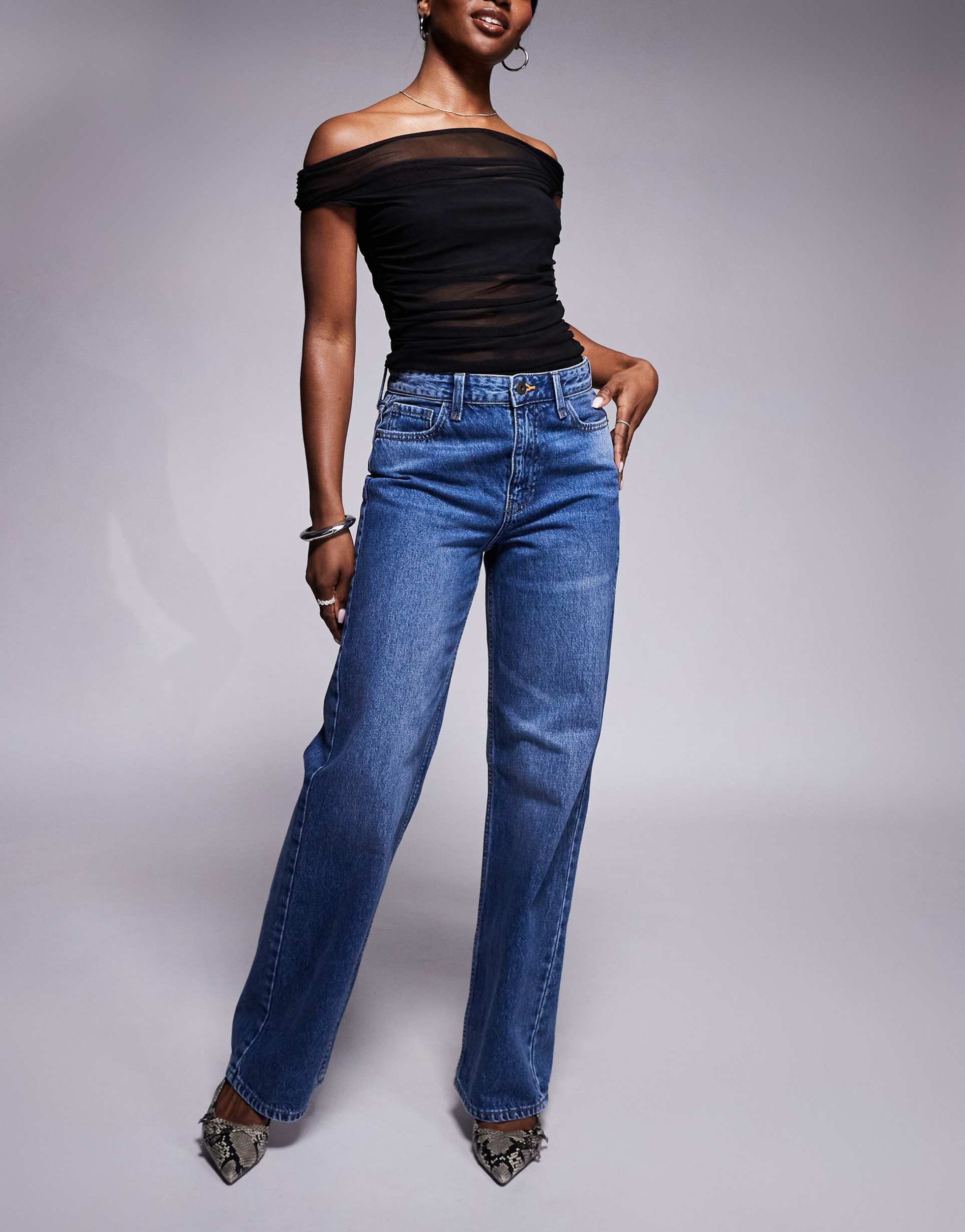 river island relaxed straight jeans in midwash blue