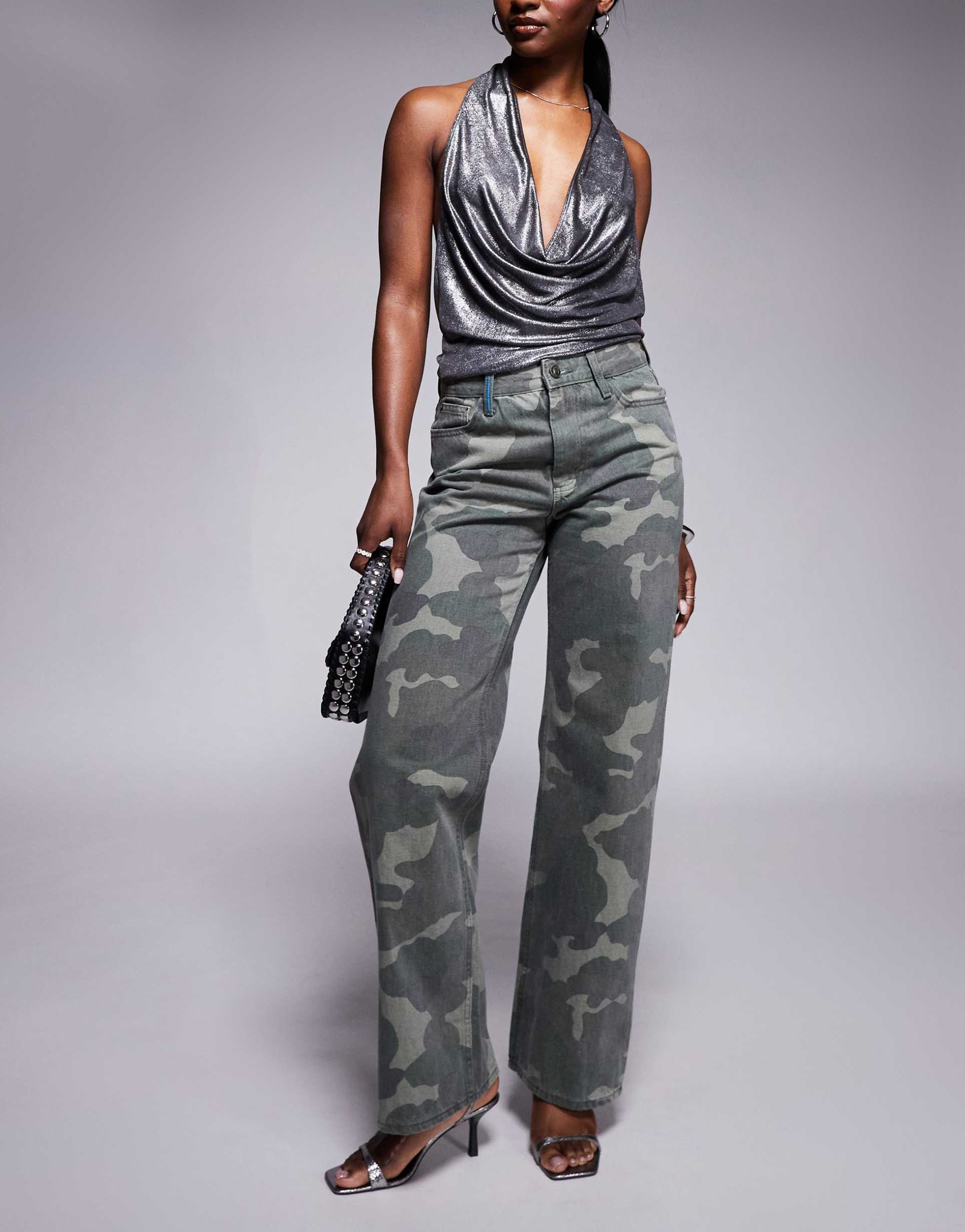 river island relaxed straight jeans in washed camo print