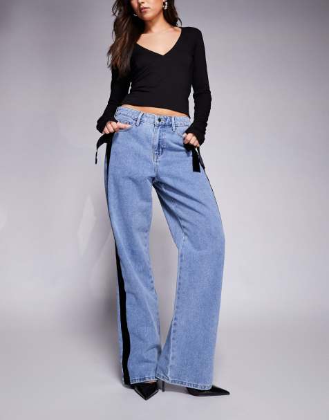 River Island relaxed straight jeans with velvet bow detail in midwash blue - view 1