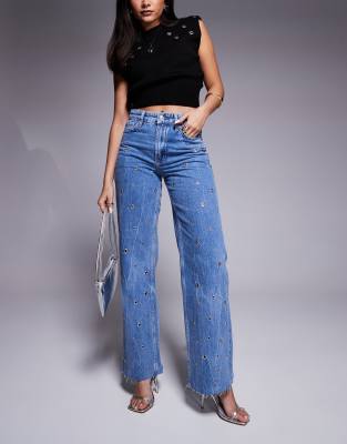 River Island relaxed straight leg jean with eyelet detail in midwash blue