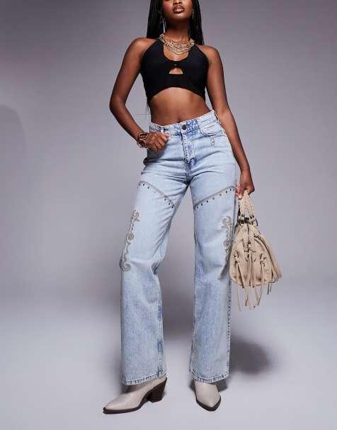 River Island relaxed straight leg jean with western detail in lightwash blue - view 1