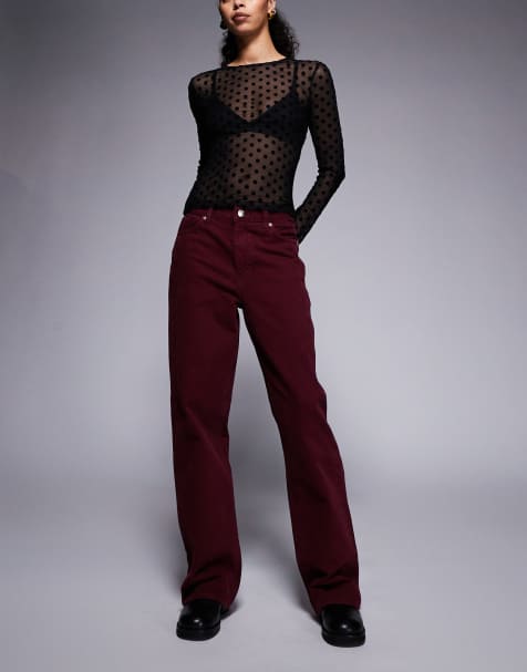 River Island relaxed straight leg jeans in burgundy - view 1