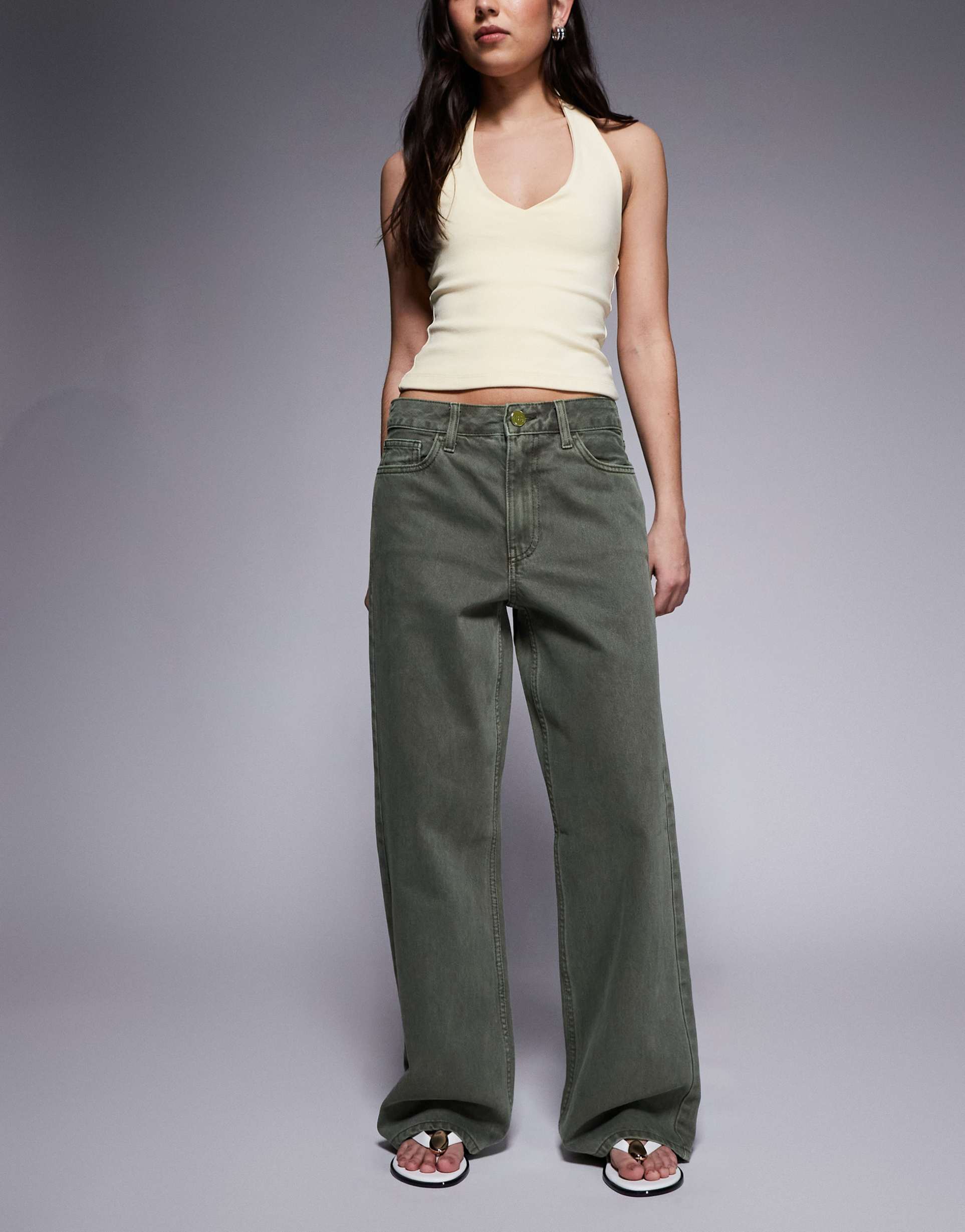 river island relaxed straight leg jeans in khaki green