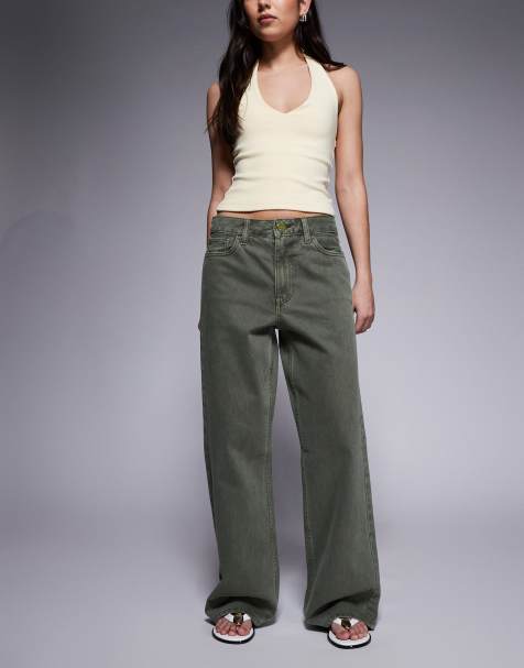 River Island relaxed straight leg jeans in khaki - view 1