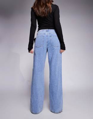 River Island Relaxed Straight Leg Jeans With Velvet Bow Detailing In Blue