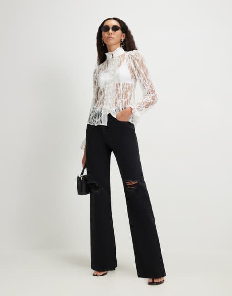 River Island Relaxed straight leg ripped jeans in black - view 1