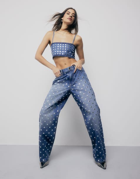 River Island Relaxed straight leg studded jeans in denim - medium - view 1