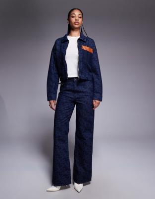 River Island relaxed straight monogram jean co-ord in medium denim-Blue