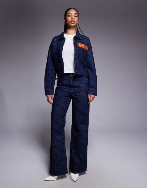 River Island relaxed straight monogram jean co-ord in medium denim