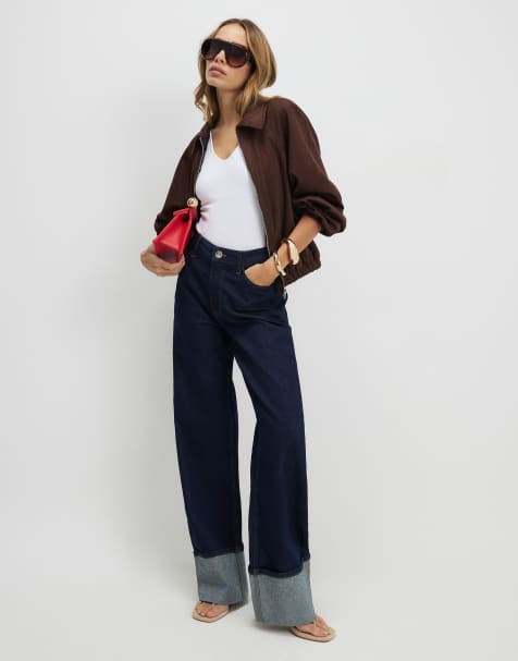 River Island Relaxed straight turn up cuff jeans in denim - dark - view 1