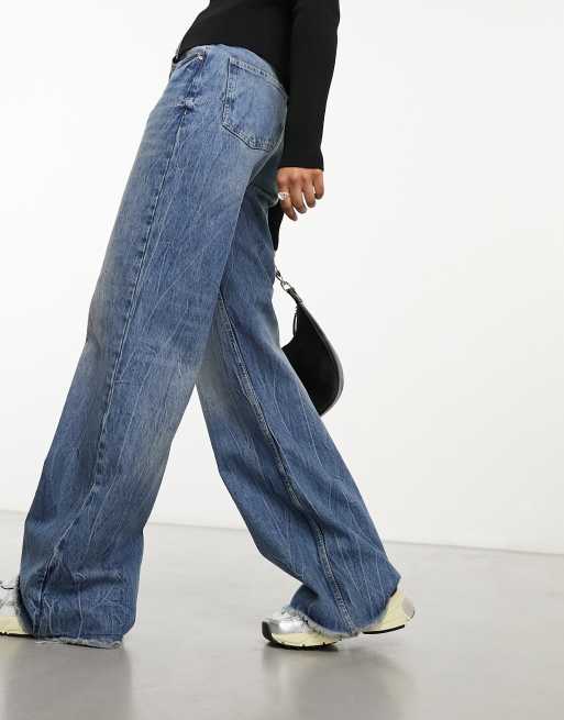 Blue mid rise baggy wide leg jeans