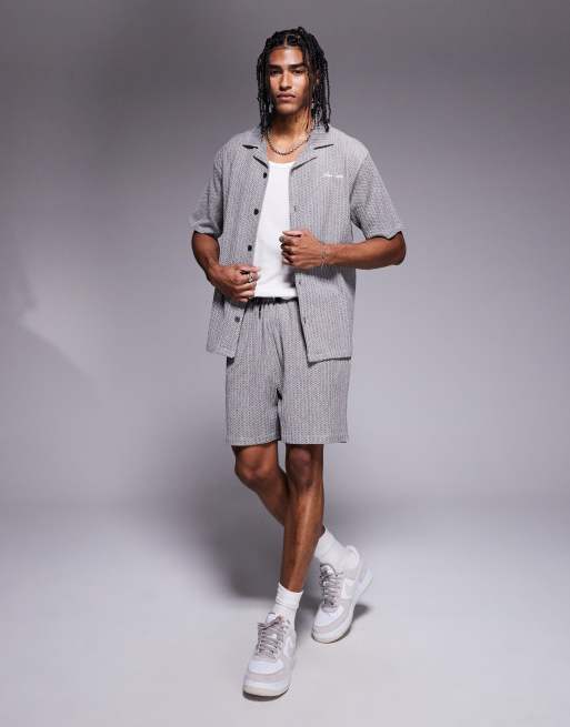 River Island revere collar plisse shirt co-ord in grey pattern, 3 of 4