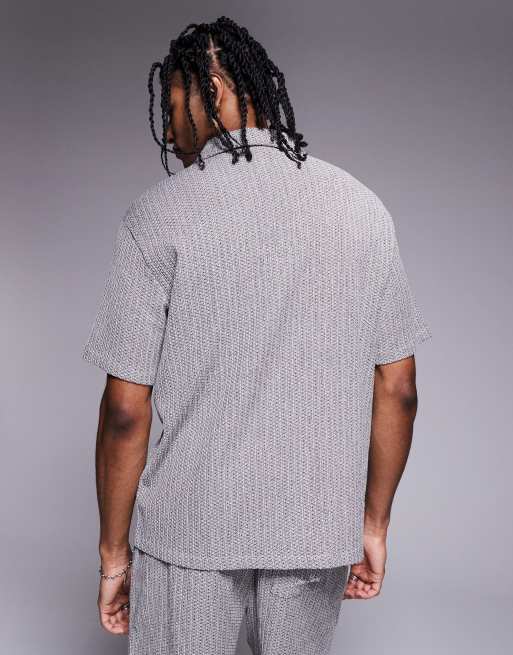 River Island revere collar plisse shirt co-ord in grey pattern, 4 of 4