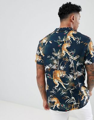 River Island Tape Tiger Print Revere Shirt in Blue for Men