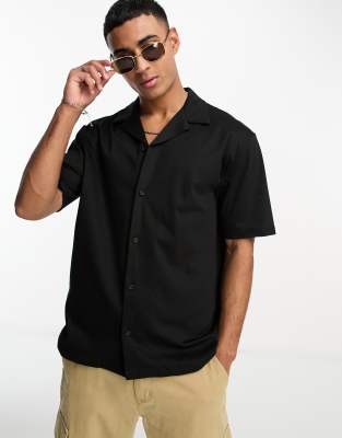 River Island revere collar short sleeve jersey shirt in black