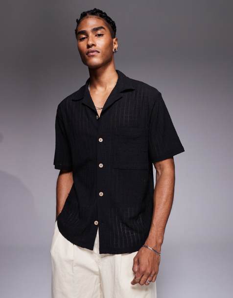 River Island revere collar textured shirt in black - view 1