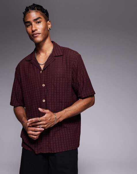 River Island revere collar textured shirt in burgundy - view 1