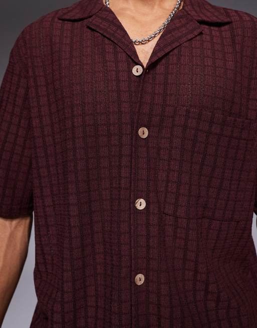 River Island revere collar textured shirt in burgundy, 2 of 4