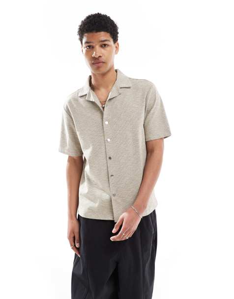 River Island revere collar textured shirt with taping in stone