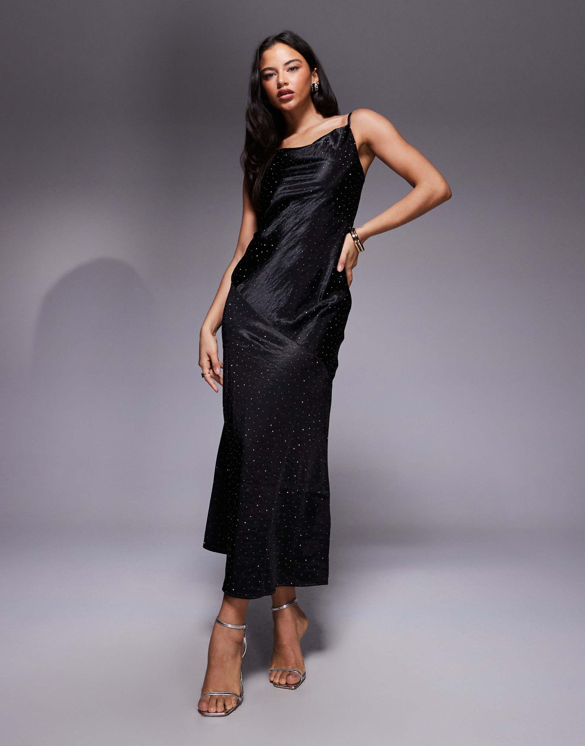 river island rhinestone detailing slip dress in black