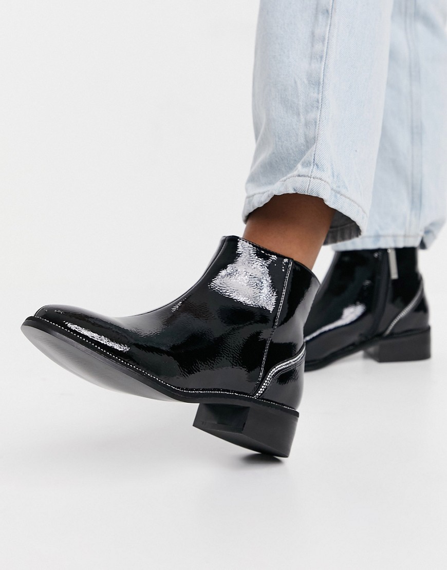 River Island rhinestone heeled patent flat boots in black