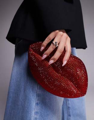 River Island Rhinestone Lips Shaped Clutch Purse In Red