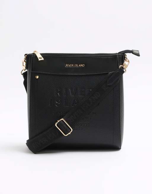 River Island Ri embossed cross body bag in black