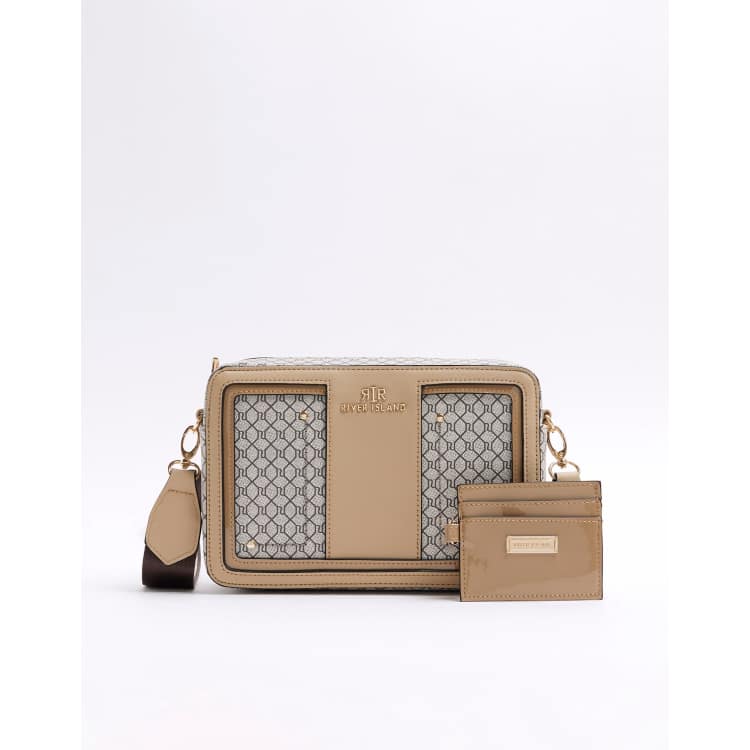 Beige ri monogram tote cross body bag sale