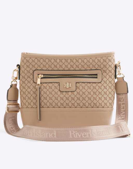 River Island Ri monogram bucket cross body bag in beige