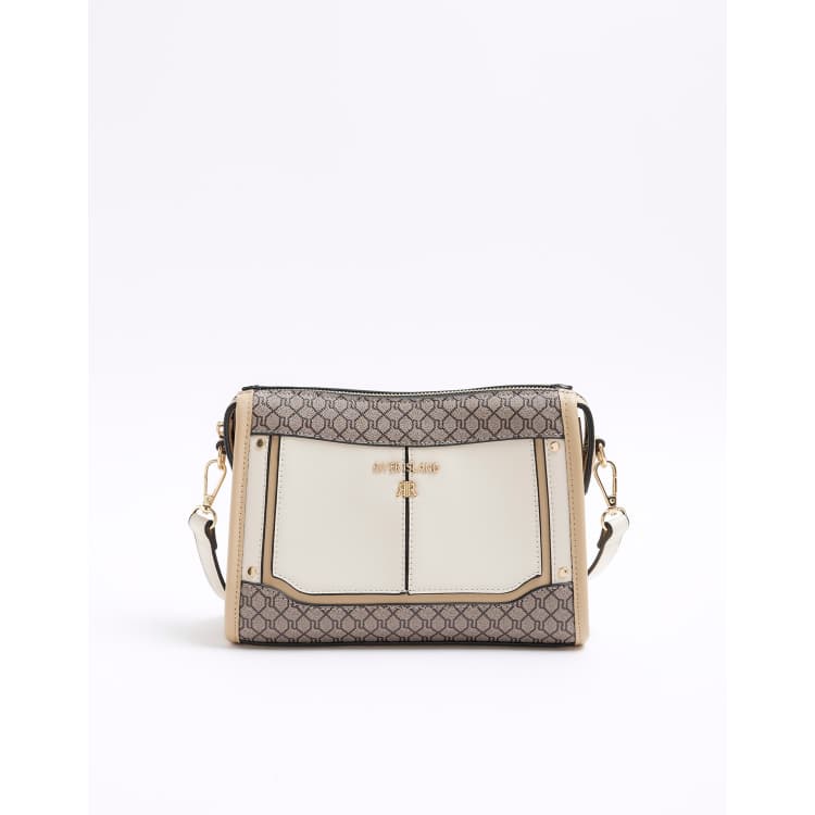 River Island Ri monogram panel cross body bag in cream