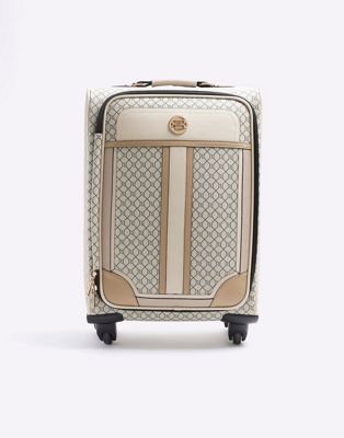 River Island Ri monogram suitcase in beige - ASOS Price Checker