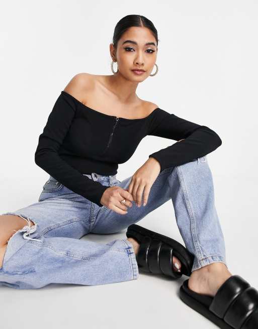 River Island rib bardot body in black