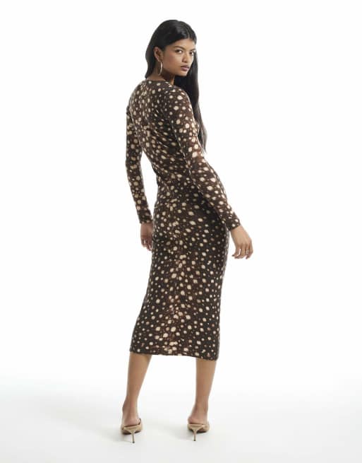 River Island Rib deer print midi dress in brown, 4 of 4