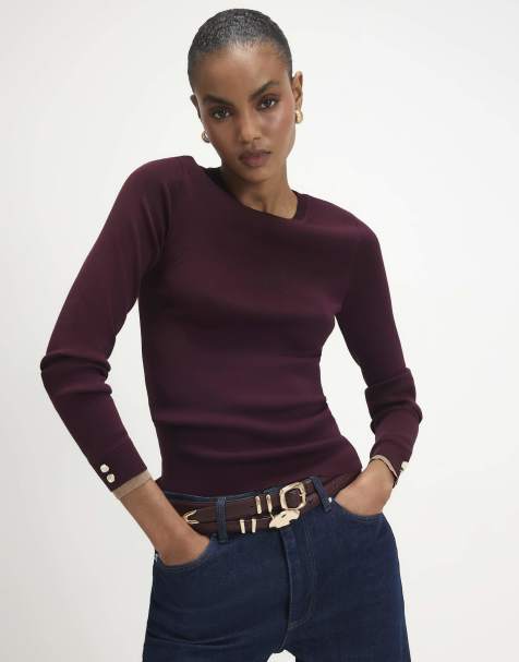 River Island Rib knit layered trim top in burgundy - view 1