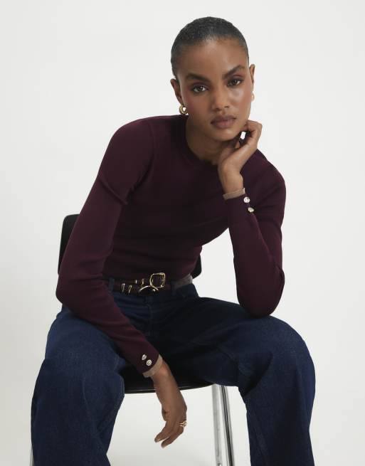 River Island Rib knit layered trim top in burgundy , 2 of 4