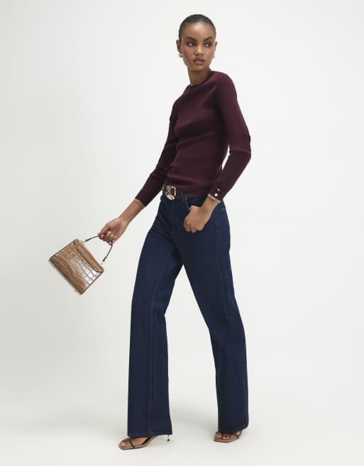 River Island Rib knit layered trim top in burgundy , 3 of 4