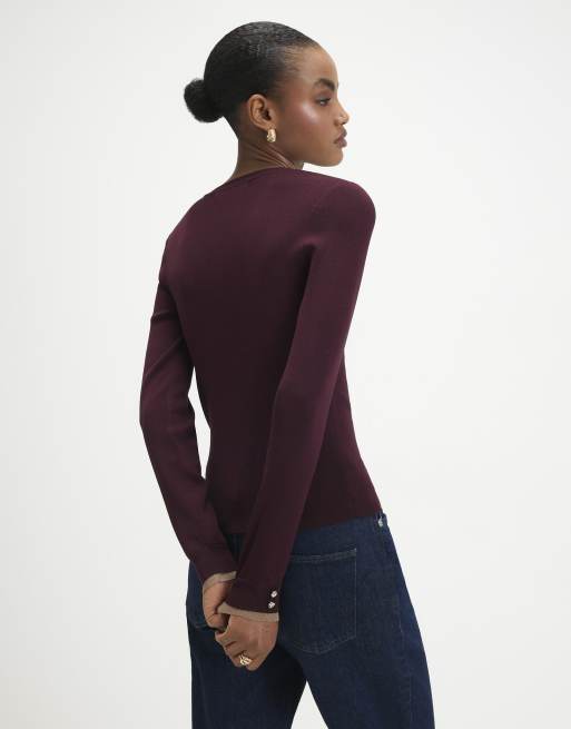 River Island Rib knit layered trim top in burgundy , 4 of 4