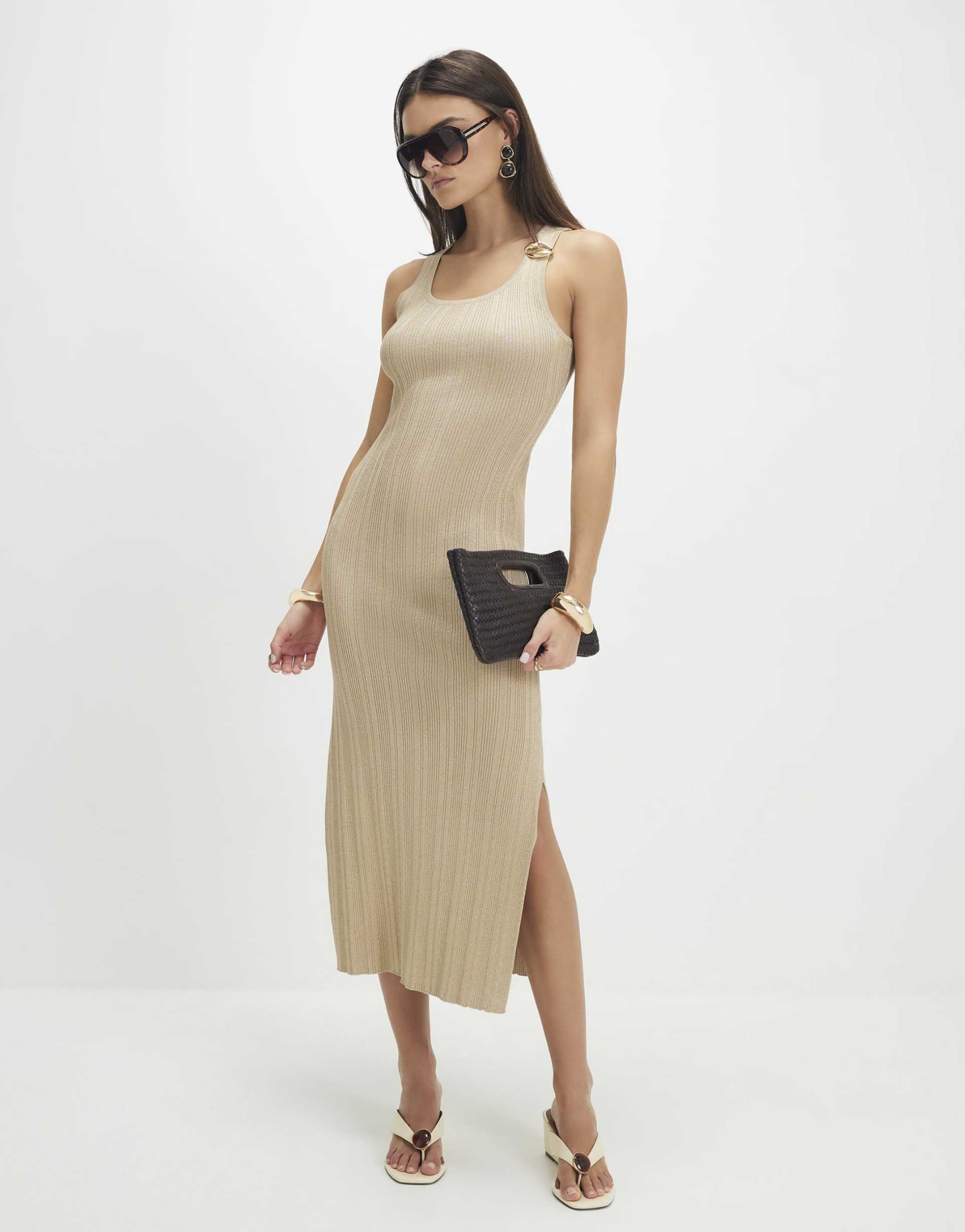 river island rib knit midi dress in gold