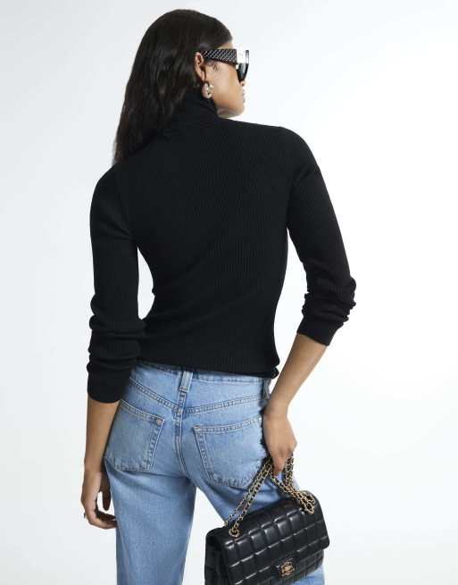 River Island Rib knit roll neck top in black, 4 of 4