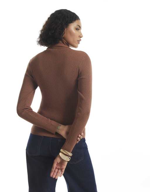 River Island Rib knit roll neck top in brown , 4 of 4