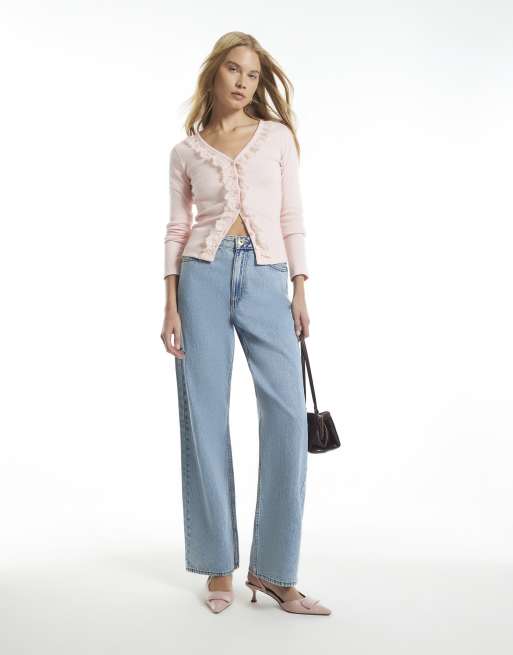 River Island Rib lace trim cardigan in pink, 3 of 4