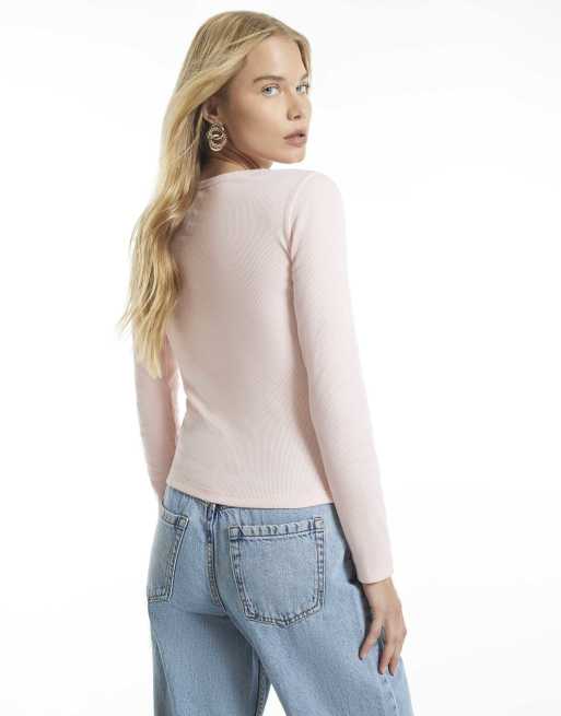 River Island Rib lace trim cardigan in pink, 4 of 4