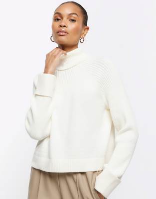 River Island Rib roll neck jumper in cream - ASOS Price Checker