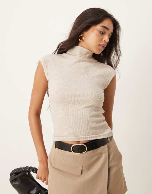 River Island rib roll neck top in beige ASOS